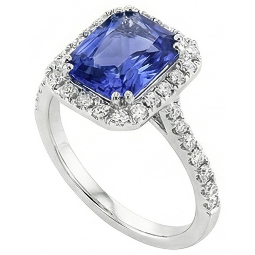 Ladies Halo Deep Blue Sapphire Ring Radiant & Natural Earth Mined Diamonds 3.50 Carats