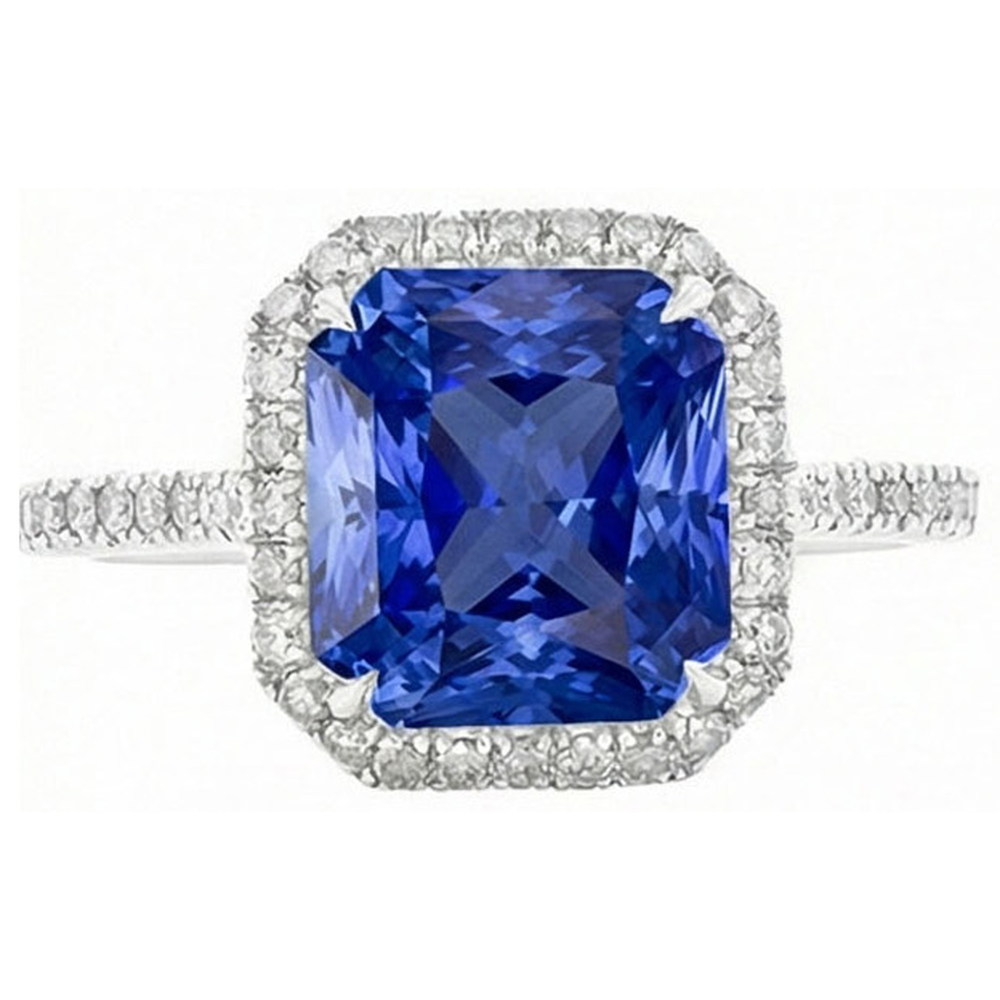 Ladies Halo Natural Earth Mined Diamond Jewellery Ceylon Sapphire Prong Set Gold 5 Carats