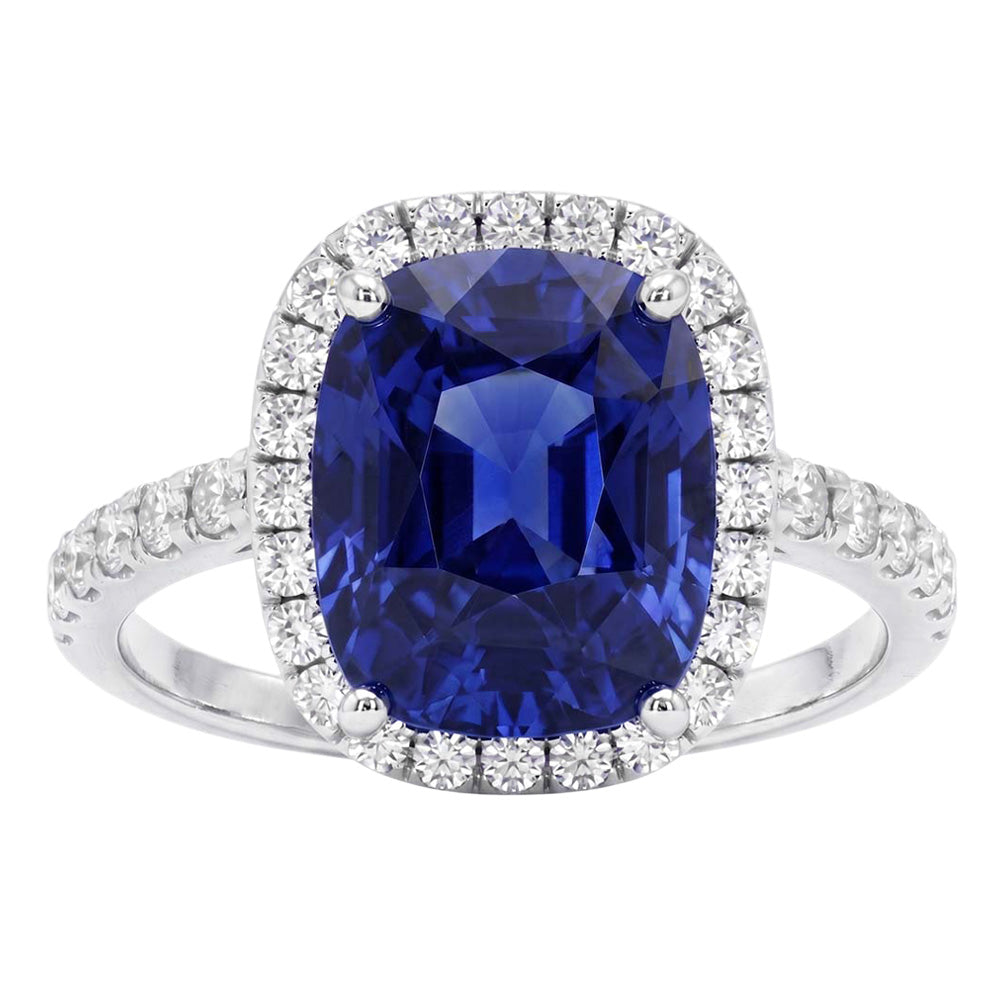 Ladies Halo Natural Earth Mined Diamond Ring Cushion Blue Sapphire Engagement 9.75 Carats