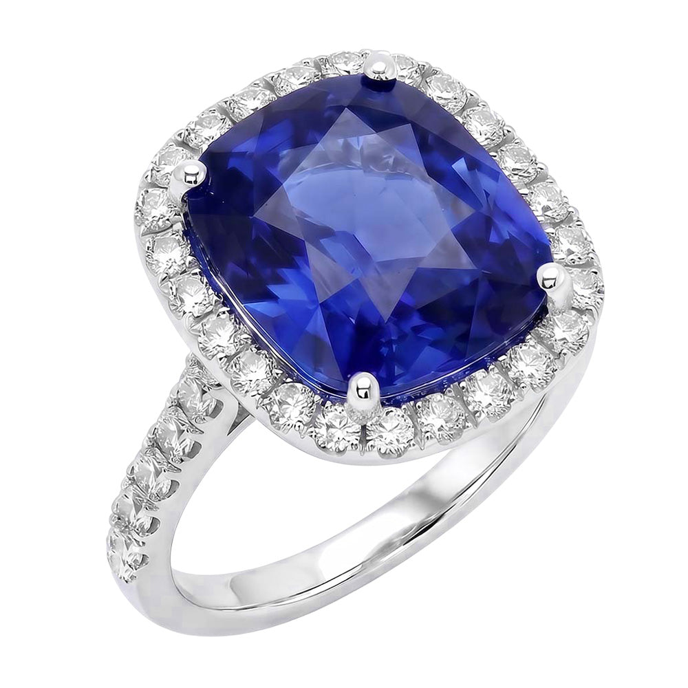 Ladies Halo Natural Earth Mined Diamond Ring Cushion Blue Sapphire Engagement 9.75 Carats