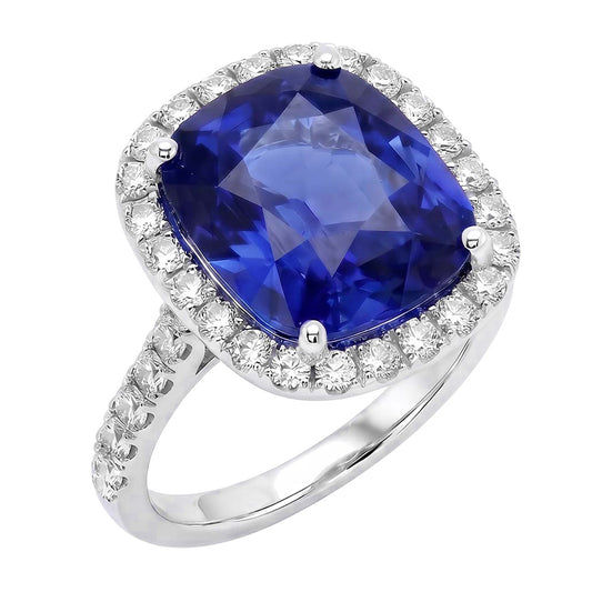 Ladies Halo Natural Earth Mined Diamond Ring Cushion Blue Sapphire Engagement 9.75 Carats