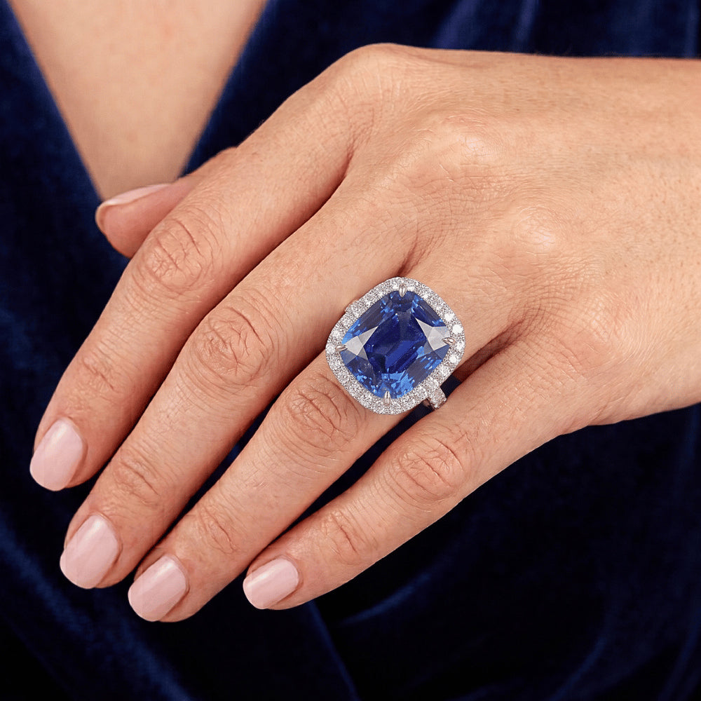 Ladies Halo Natural Earth Mined Diamond Ring Cushion Blue Sapphire Engagement 9.75 Carats
