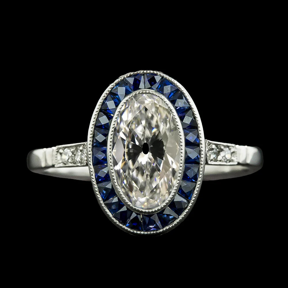 Ladies Halo Ring Oval Old Miner Real Diamond & Blue Sapphires 6.75 Carats