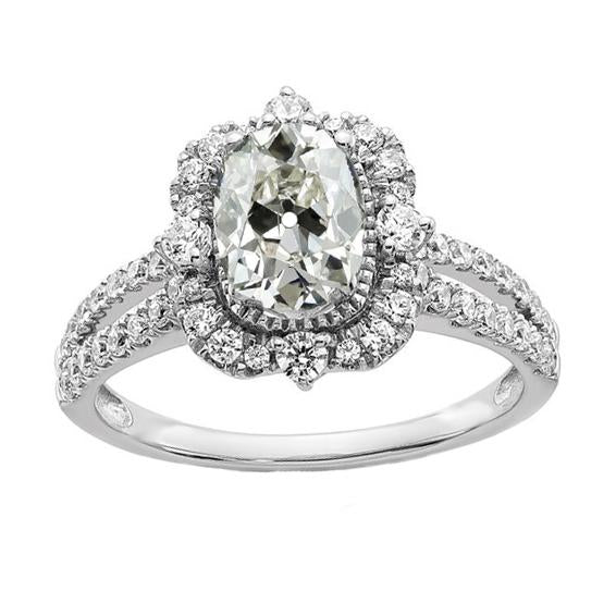 Ladies Halo Ring Round & Oval Old Cut Real Diamond Split Shank 5 Carats