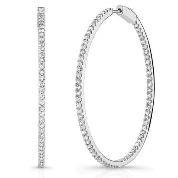 Ladies Hoop Earrings 4.30 Carats Real Small Round Diamonds White Gold 14K