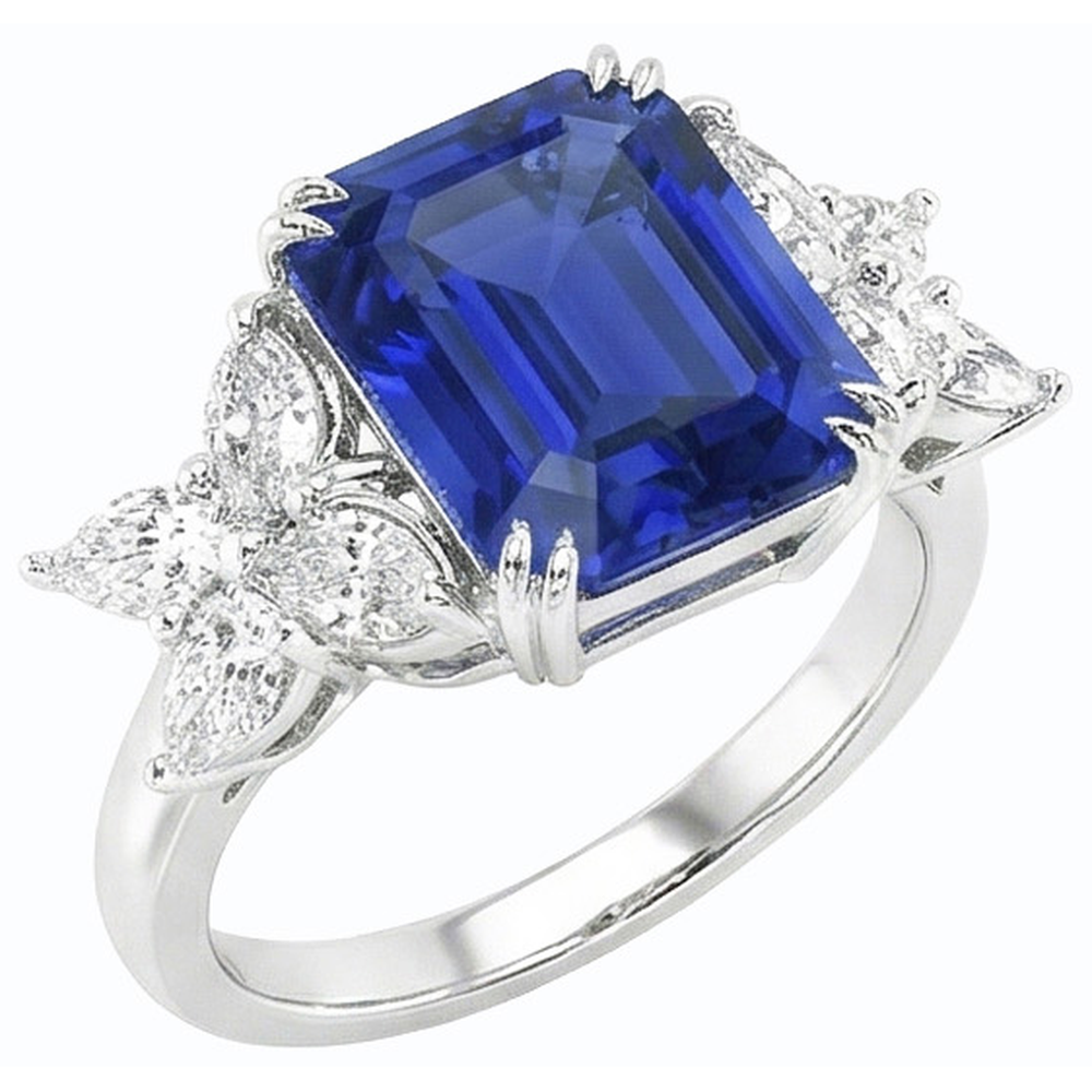 Ladies Natural Earth Mined Diamond Gemstone Ring Emerald Cut Ceylon Sapphire Gold 4 Carats