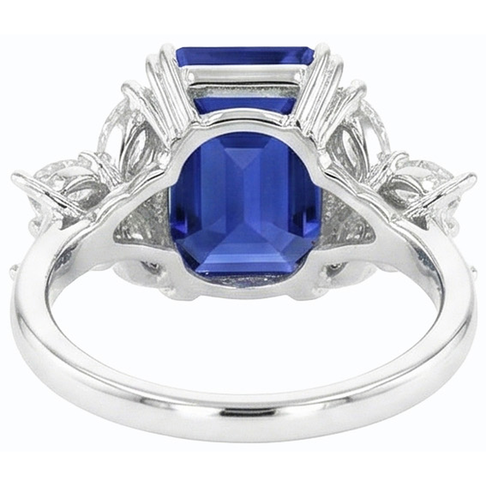 Ladies Natural Earth Mined Diamond Gemstone Ring Emerald Cut Ceylon Sapphire Gold 4 Carats