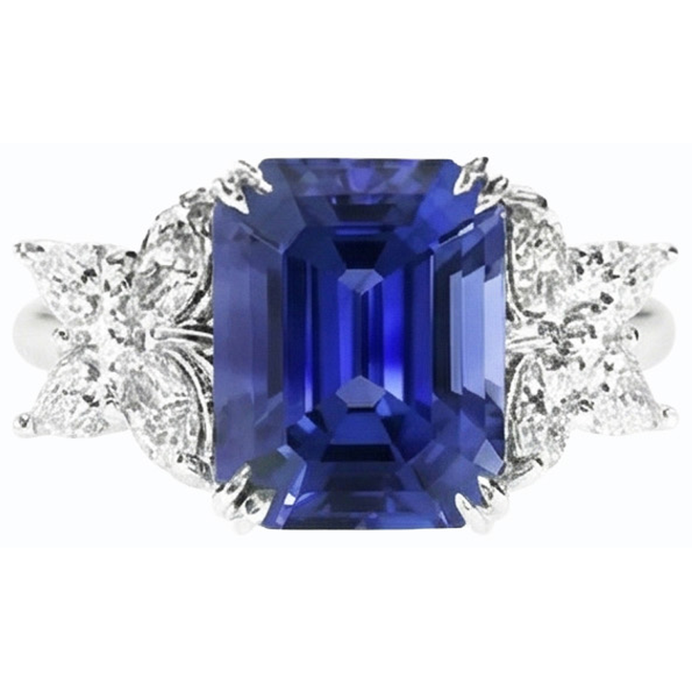 Ladies Natural Earth Mined Diamond Gemstone Ring Emerald Cut Ceylon Sapphire Gold 4 Carats