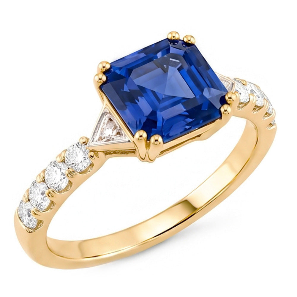 Ladies Natural Earth Mined Diamond Ring Asscher Ceylon Sapphire 2.50 Carats Two Tone Gold