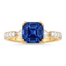 Ladies Natural Earth Mined Diamond Ring Asscher Ceylon Sapphire 2.50 Carats Two Tone Gold