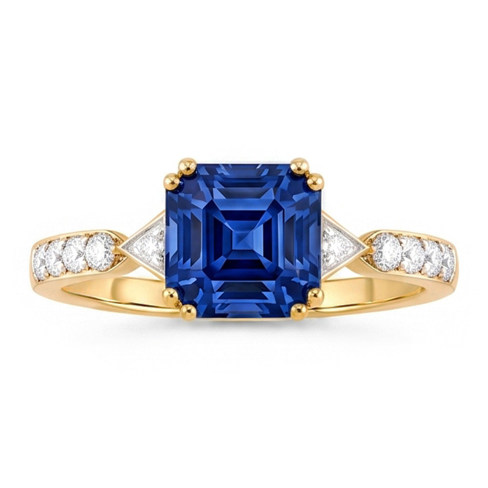 Ladies Natural Earth Mined Diamond Ring Asscher Ceylon Sapphire 2.50 Carats Two Tone Gold