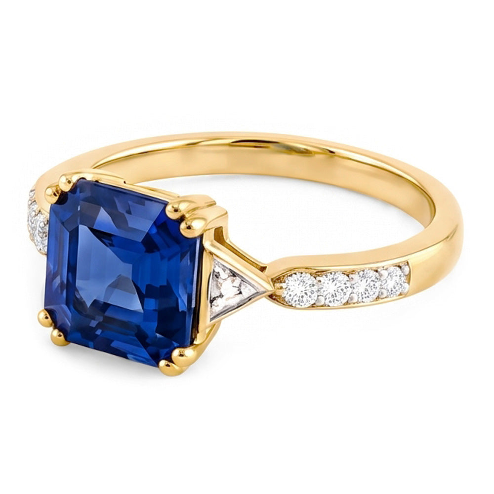 Ladies Natural Earth Mined Diamond Ring Asscher Ceylon Sapphire 2.50 Carats Two Tone Gold