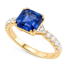 Ladies Natural Earth Mined Diamond Ring Asscher Ceylon Sapphire 2.50 Carats Two Tone Gold