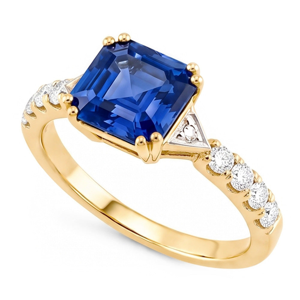 Ladies Natural Earth Mined Diamond Ring Asscher Ceylon Sapphire 2.50 Carats Two Tone Gold