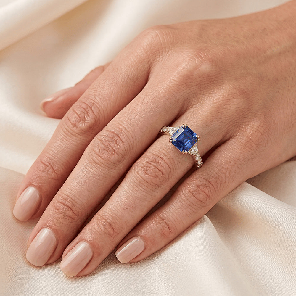 Ladies Natural Earth Mined Diamond Ring Asscher Ceylon Sapphire 2.50 Carats Two Tone Gold