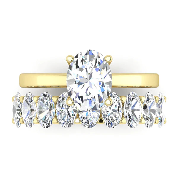 Ladies Oval Real Diamond Ring & Half Eternity Band Set Yellow Gold