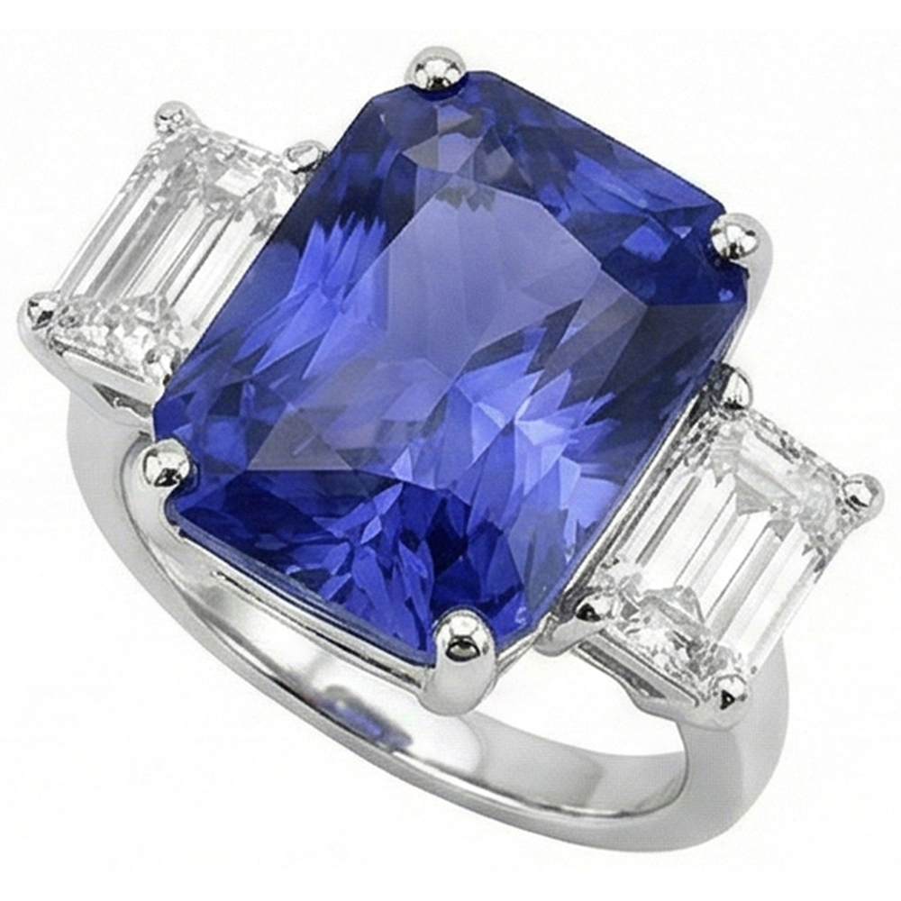 Ladies Radiant 3 Stone Blue Sapphire Ring 7 Carats Emerald Natural Earth Mined Diamonds