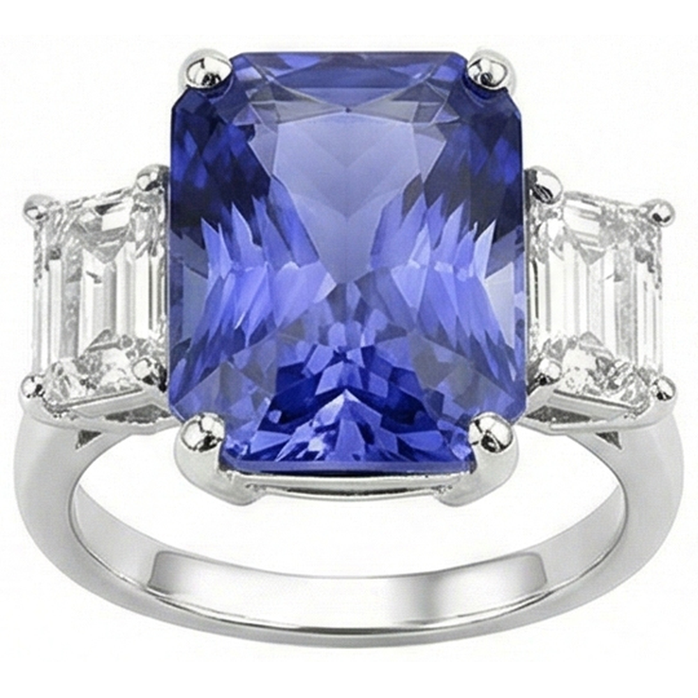 Ladies Radiant 3 Stone Blue Sapphire Ring 7 Carats Emerald Natural Earth Mined Diamonds