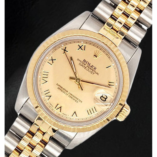 Ladies Rolex 31mm Datejust 68243 Two Tone Champagne Roman Watch