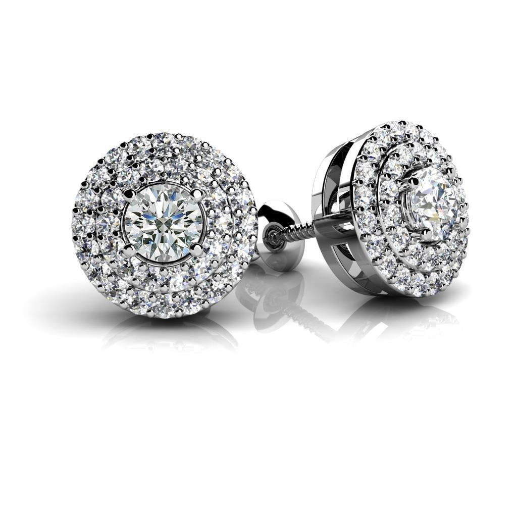Ladies Round 2.18 Carats Real Diamond Stud Halo Earrings White Gold 14K