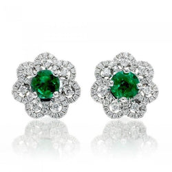 Ladies Round Green Emerald With Diamond Stud Halo Earring 5.50 Carats