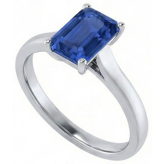 Ladies Solitaire Ring Emerald Blue Sapphire 2 Carats 14K White Gold