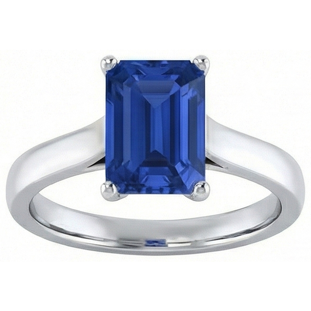 Ladies Solitaire Ring Emerald Blue Sapphire 2 Carats 14K White Gold