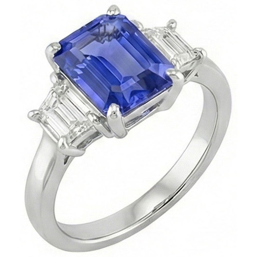 Ladies Three Stone Emerald Ceylon Sapphire Ring 2.50 Carats White Gold