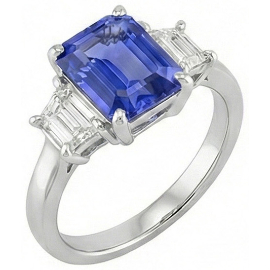 Ladies Three Stone Emerald Ceylon Sapphire Ring 2.50 Carats White Gold