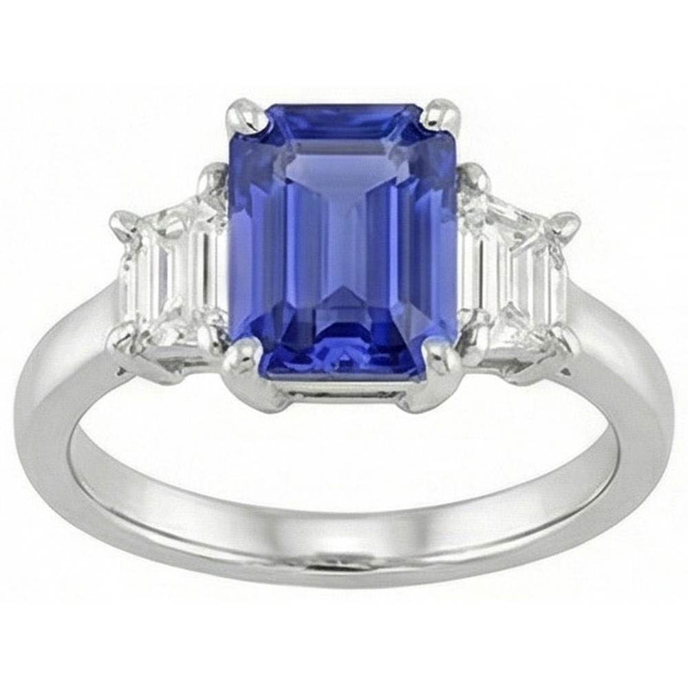 Ladies Three Stone Emerald Ceylon Sapphire Ring 2.50 Carats White Gold