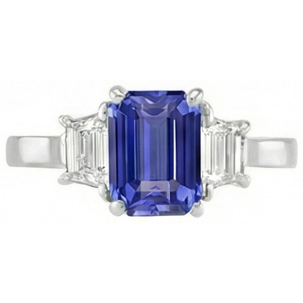 Ladies Three Stone Emerald Ceylon Sapphire Ring 2.50 Carats White Gold