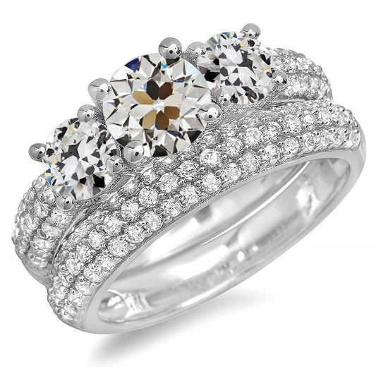 Ladies Wedding Ring Set Natural Round Old Mine Cut Diamond 11 Carats 14K Gold