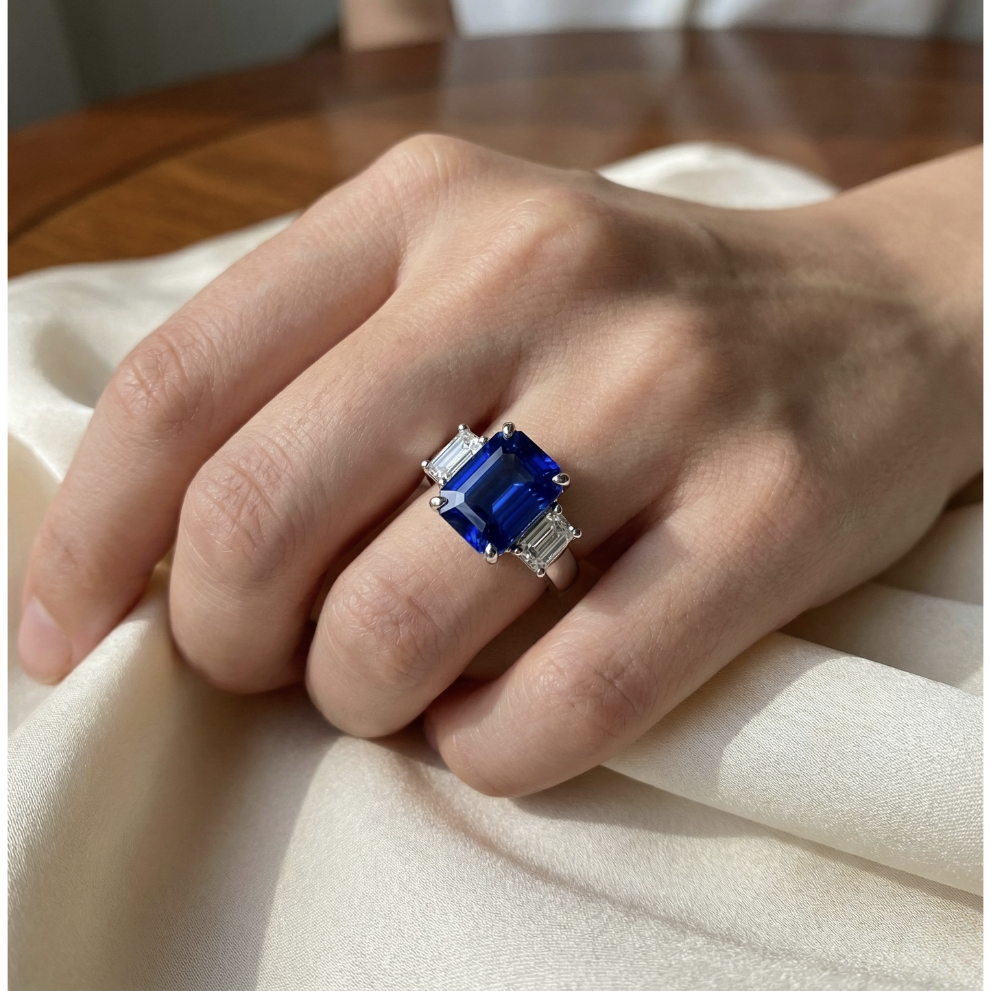 Ladies Gold Natural Earth Mined Diamond Ring Emerald Cut 5 Carats Sapphire Jewellery