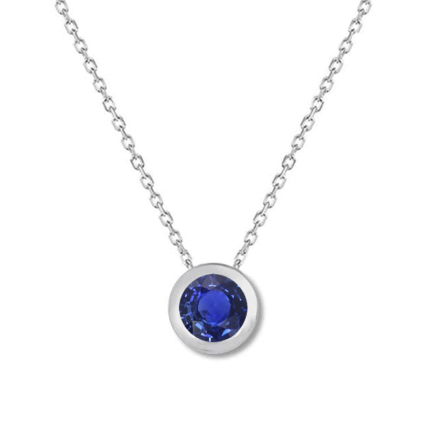Blue Sapphire Round Brilliant Stone Pendant Necklace in 14K White Gold – main view