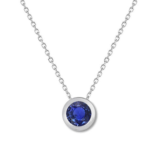 Blue Sapphire Round Brilliant Stone Pendant Necklace in 14K White Gold – main view