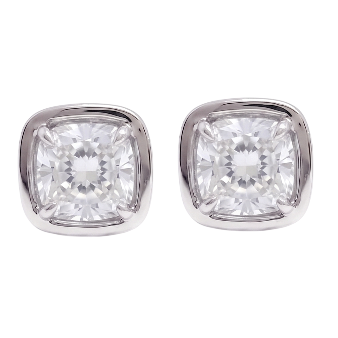 Ladies 2 Carat Cushion Cut Stud Lab Grown Diamonds Earring White Gold 14K