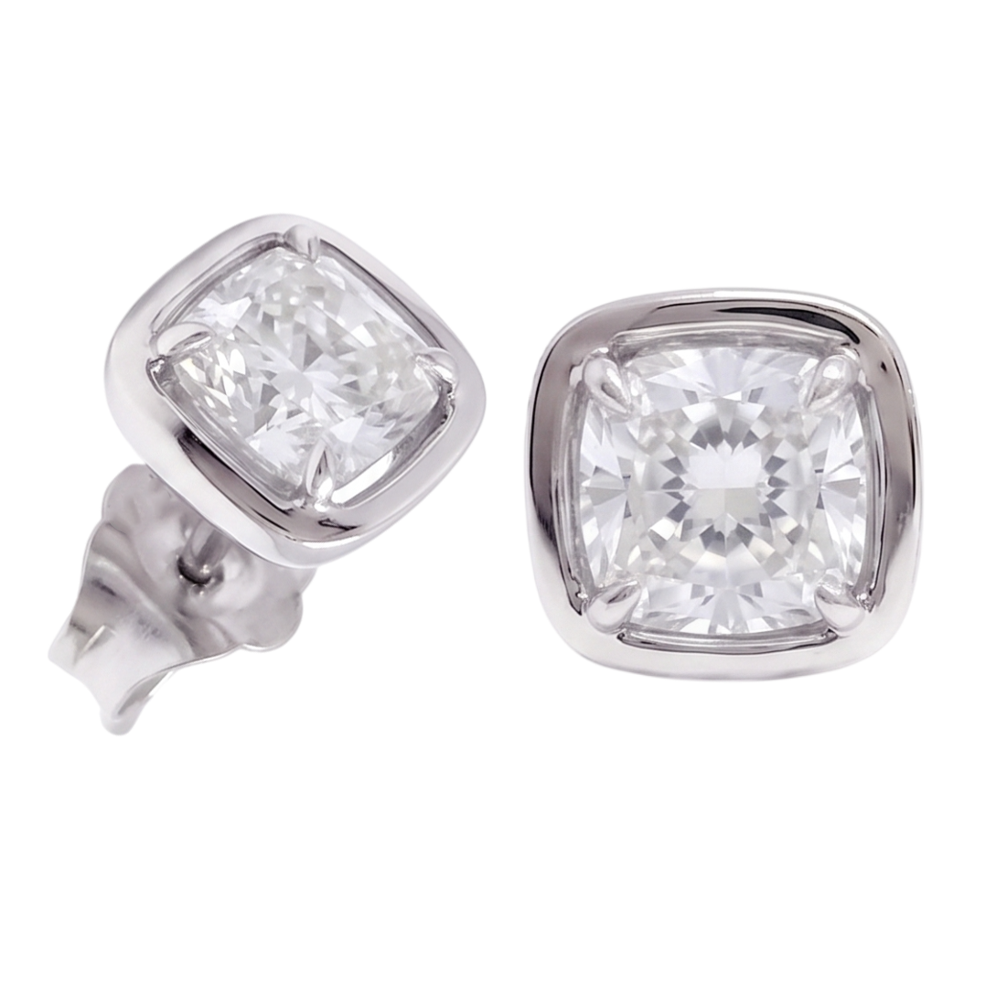 Ladies 2 Carat Cushion Cut Stud Lab Grown Diamonds Earring White Gold 14K