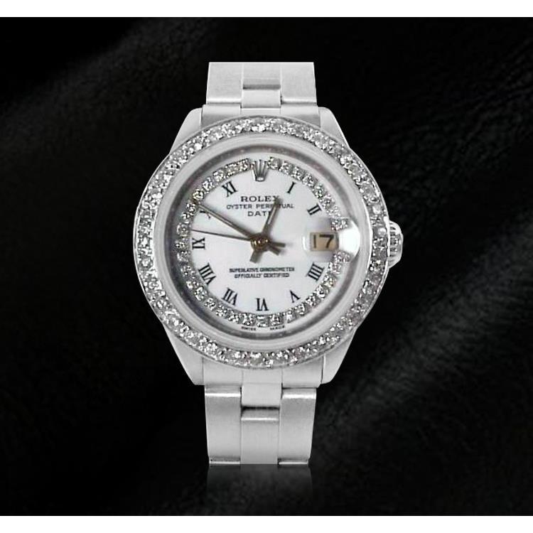 Ladies Date Watch With White String Natural Earth Mined Diamond Dial Bezel Ss Oyster