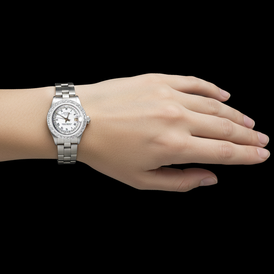 Ladies Date Watch With White String Natural Earth Mined Diamond Dial Bezel Ss Oyster P1