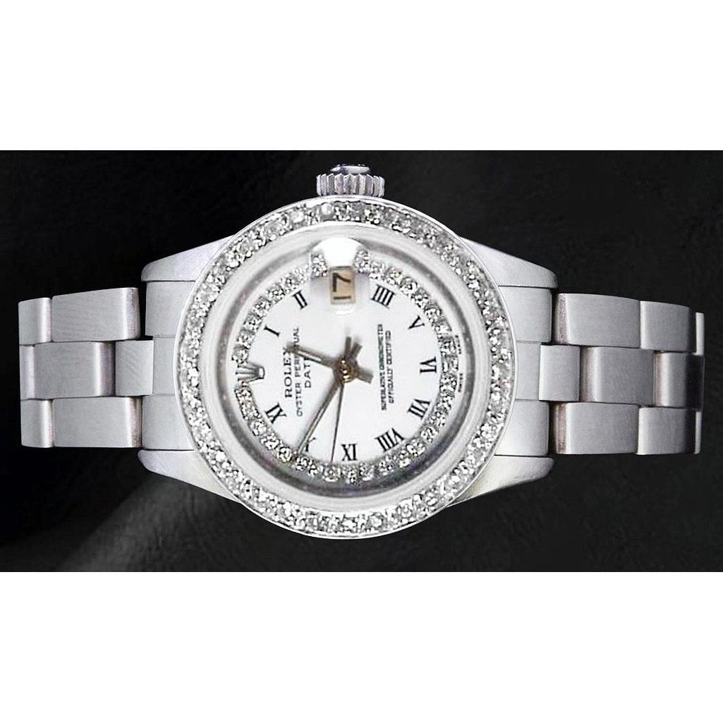 Ladies Date Watch With White String Natural Earth Mined Diamond Dial Bezel Ss Oyster