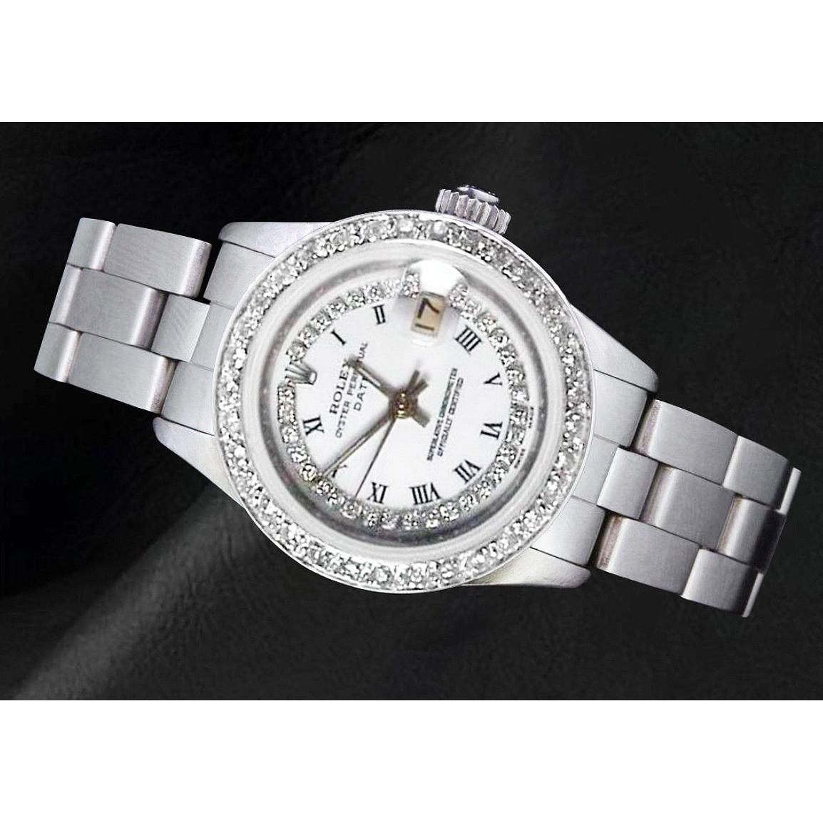 Ladies Date Watch With White String Natural Earth Mined Diamond Dial Bezel Ss Oyster