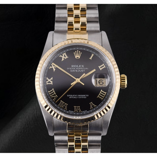 Ladies Rolex 31mm Datejust Two Tone Black Roman Dial Watch