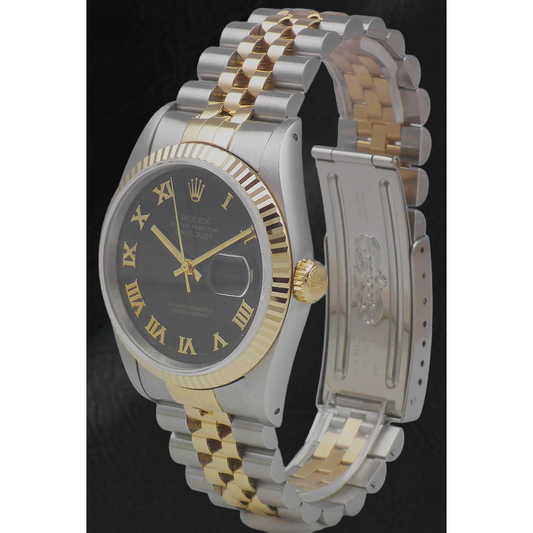 Ladies Rolex 31mm Datejust Two Tone Black Roman Dial Watch