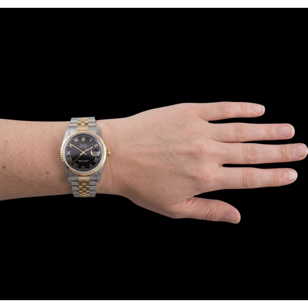 Ladies Rolex 31mm Datejust Two Tone Black Roman Dial Watch