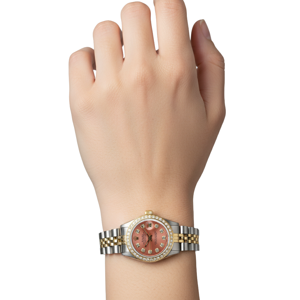 Ladies Rolex Date-Just Watch Natural Earth Mined Diamond Salmon Dial Bezel P2