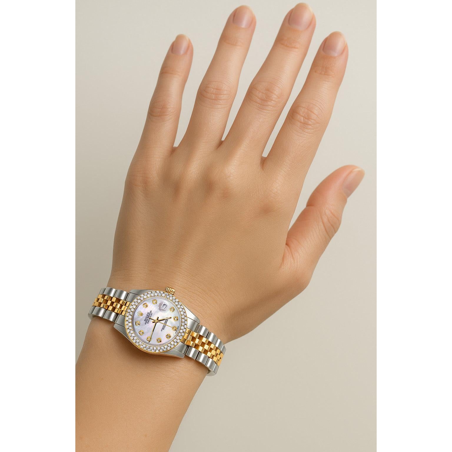 Ladies Rolex Datejust 26 mm Mother Of Pearl Dial Double Row Natural Earth Mined Diamond Bezel P1