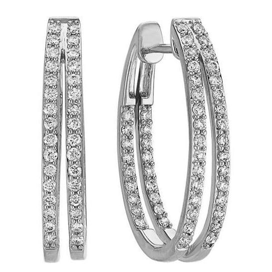 Lady Hoop Earrings 4 Carats Double Row Genuine Diamonds White Gold 14K