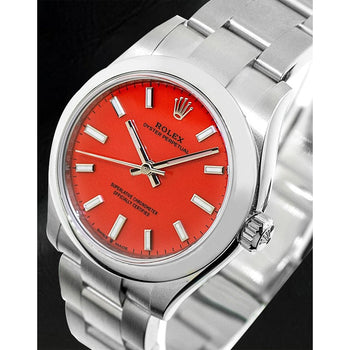 Lady Rolex Oyster Perpetual Coral Red Luminous Dial Steel Watch