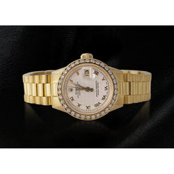 Lady Rolex Datejust Watch Natural Earth Mined Diamond Bezel Oyster Bracelet Yellow Gold