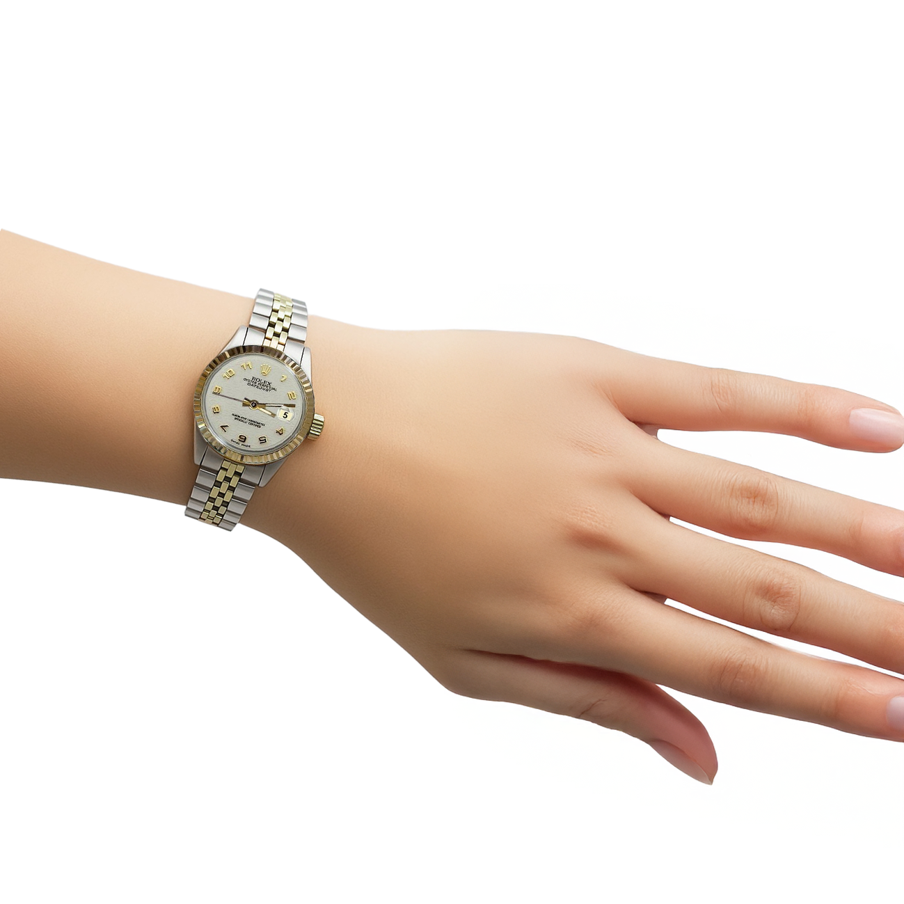 Lady Datejust Rolex Watch White Arabic Dial Ss & Gold